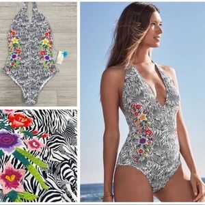 NWT Johnny Was Spring Halter Embroidered One-Piece Swimsuit